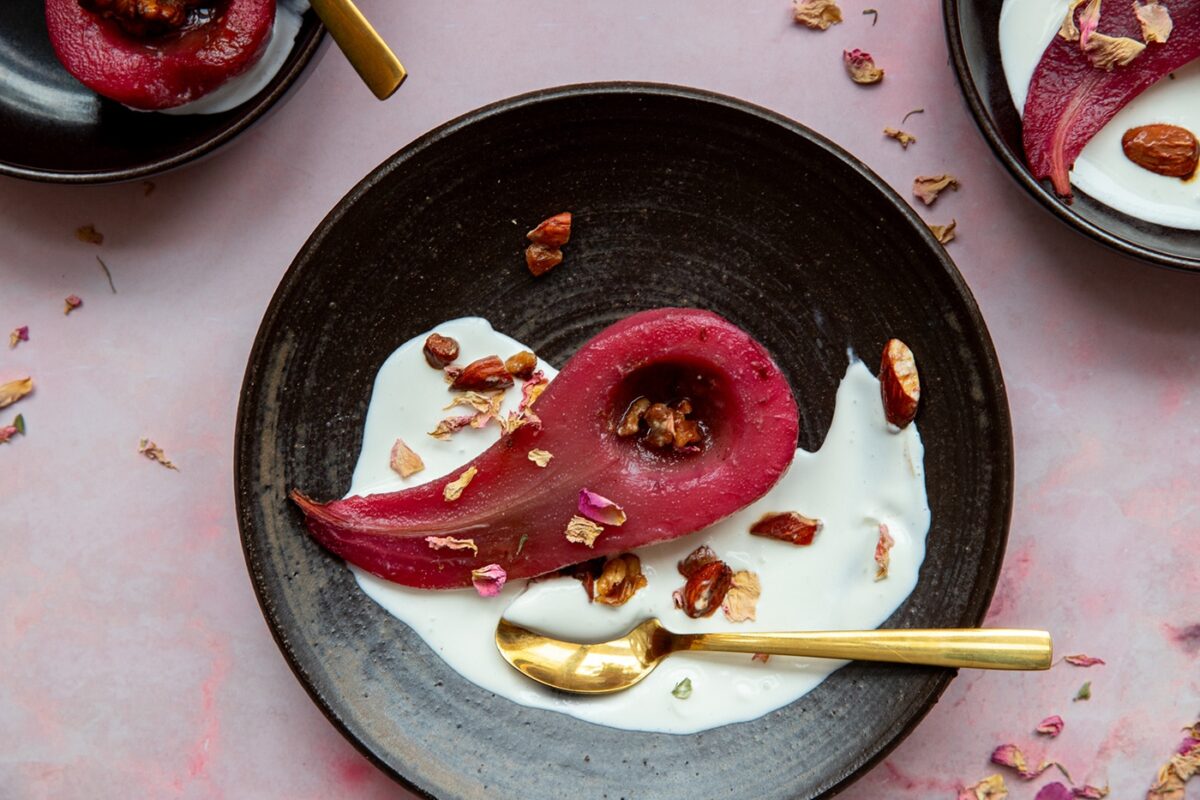 Poached pears with roses recipe