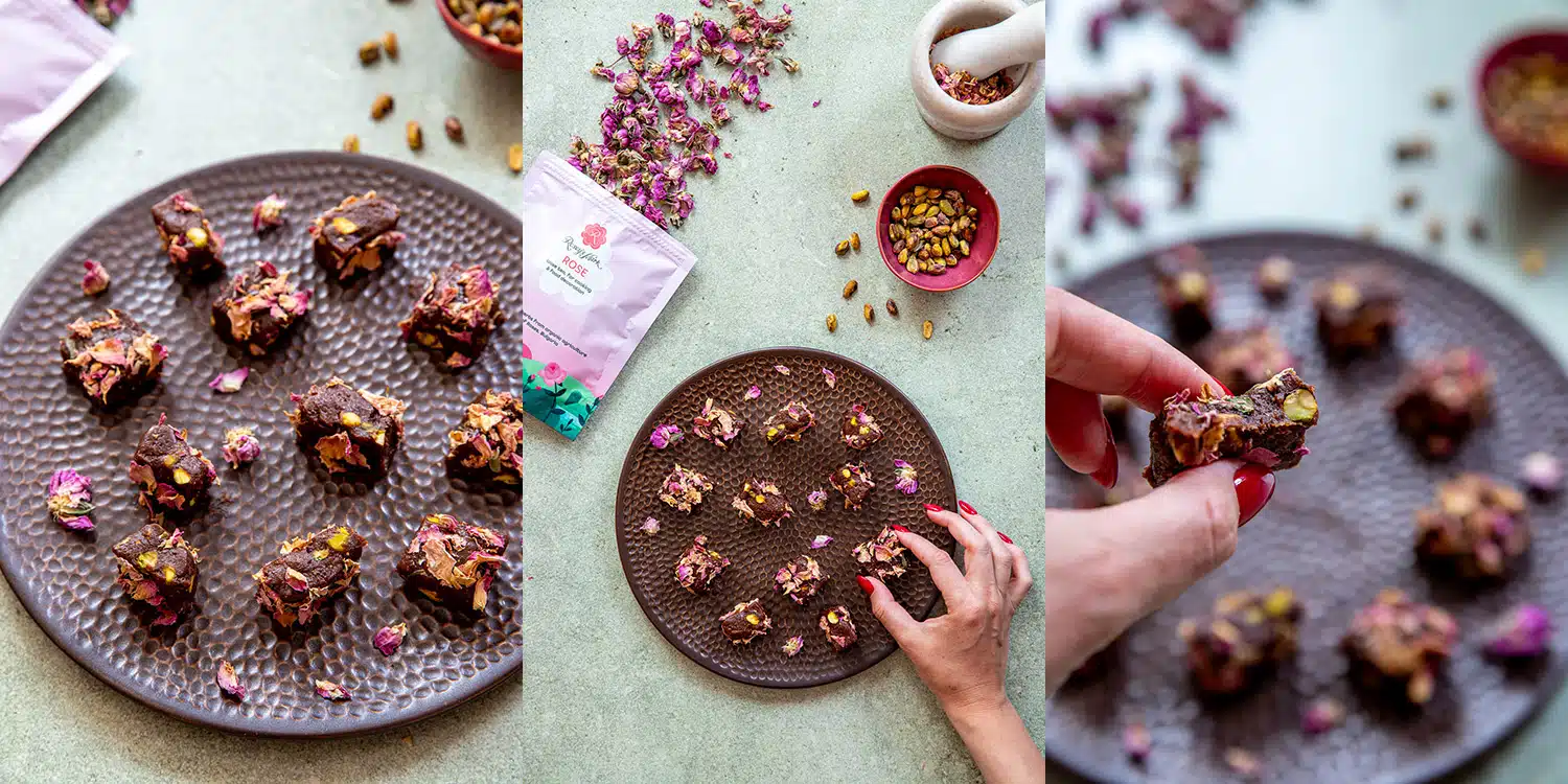 Homemade nougat bonbons with rose and pistachio